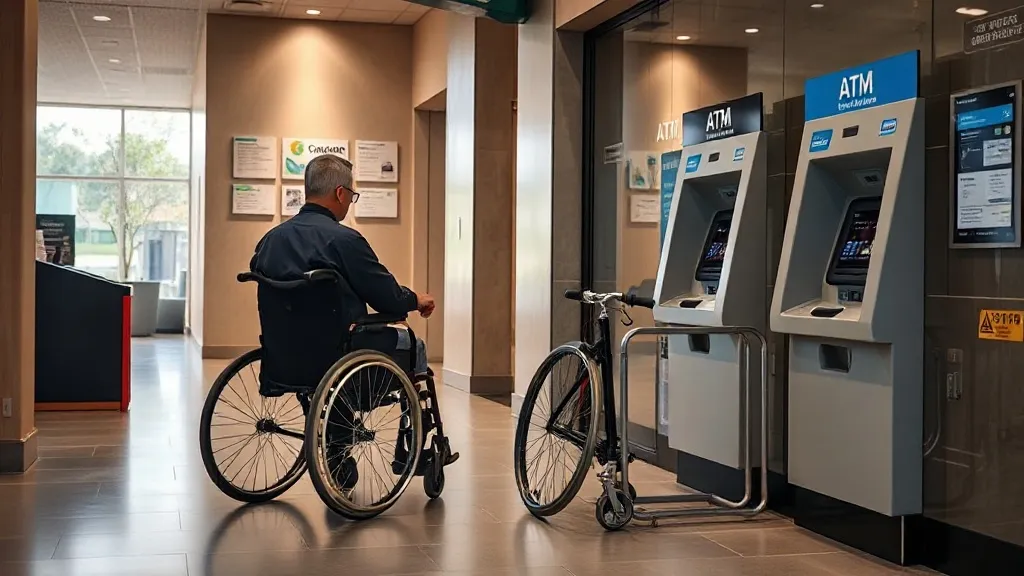 Usuária de cadeira de rodas usando caixa eletrônico acessível em agência bancária