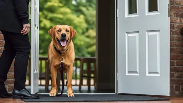 Cão-guia com arreio acompanhando pessoa com deficiência visual na entrada de um estabelecimento