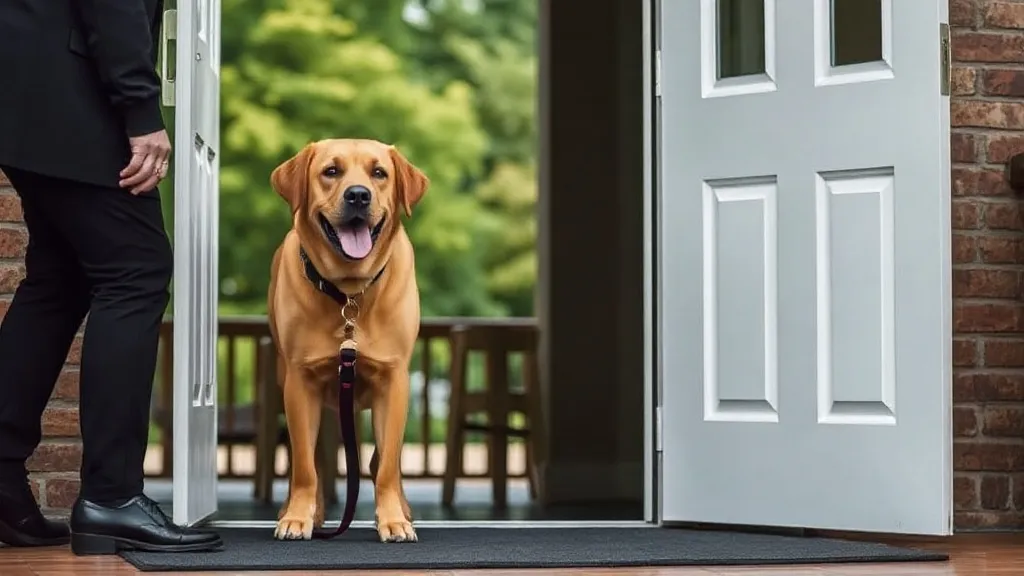 Cão-guia com arreio acompanhando pessoa com deficiência visual na entrada de um estabelecimento