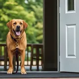 Cão-guia com arreio acompanhando pessoa com deficiência visual na entrada de um estabelecimento