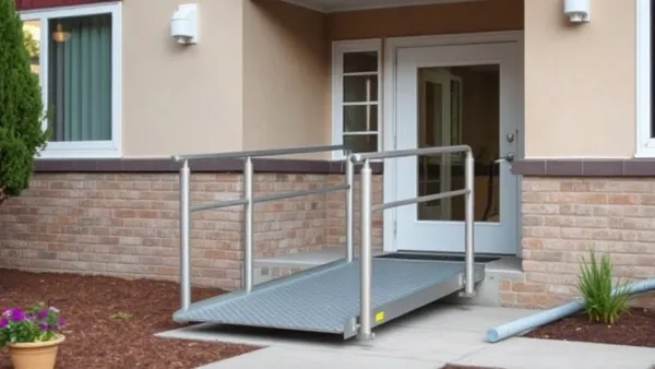 Rampa de acesso sendo instalada na entrada de um prédio residencial