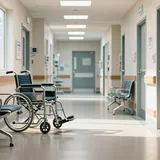 Corredor amplo e vazio de uma clínica com sala de espera acessível para cadeira de rodas