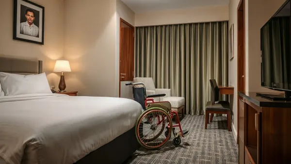 Quarto de hotel com espaço amplo de circulação e barra de apoio próxima à cama, pensado para acessibilidade