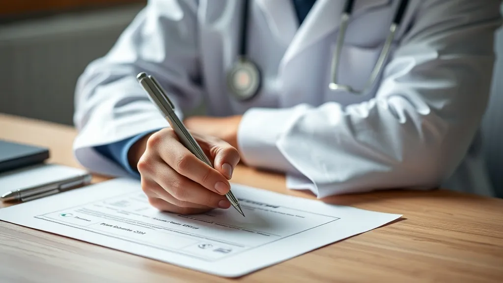 Médico assinando documento de avaliação de deficiência em consultório