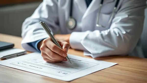 Médico assinando documento de avaliação de deficiência em consultório
