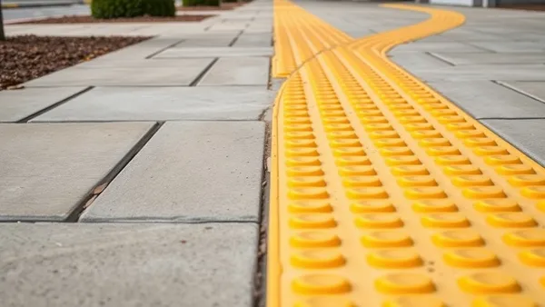 Faixa de piso tátil amarelo em calçada indicando caminho e alerta para pessoas com deficiência visual