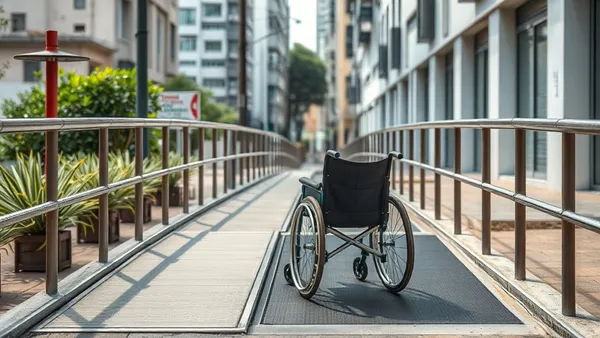 Rampa de acessibilidade com corrimão em calçada de cidade brasileira