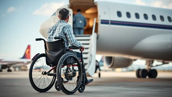 Pessoa usuária de cadeira de rodas sendo assistida por agente de aeroporto em pista de embarque acessível