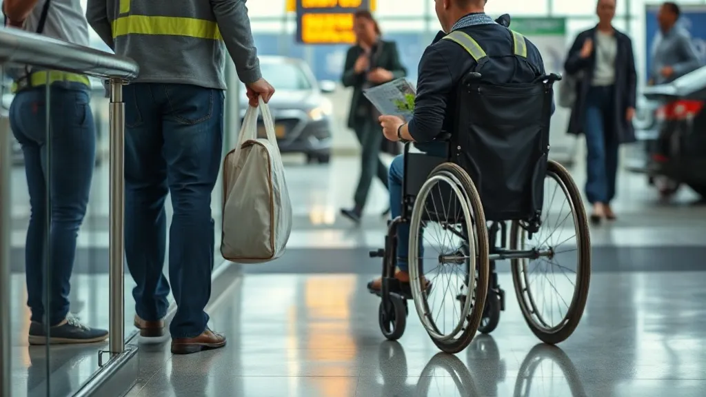 Pessoa com deficiência sendo auxiliada por acompanhante no embarque em aeroporto