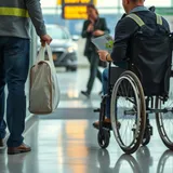 Pessoa com deficiência sendo auxiliada por acompanhante no embarque em aeroporto