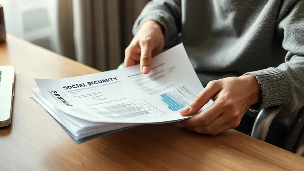 Pessoa com deficiência revisando documentos de aposentadoria e previdência sobre uma mesa