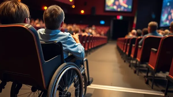 Usuária de cadeira de rodas em espaço cultural acessível assistindo a um evento no Brasil