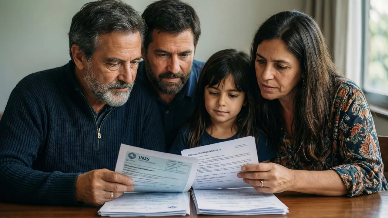 Família revisando documentos de pensão e requerimento do INSS sobre a mesa da sala
