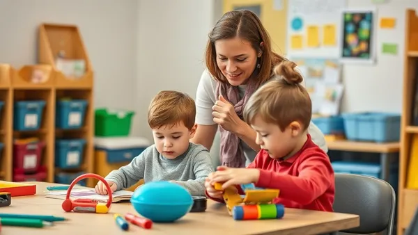 Professora auxiliando uma criança com materiais de aprendizagem em sala de recursos