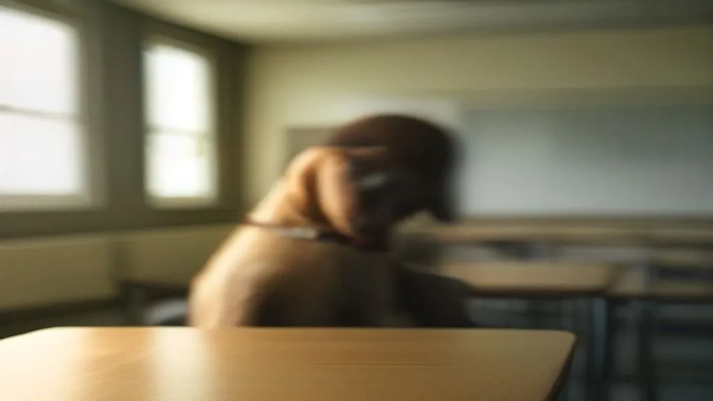 Aluno com deficiência visual entrando na escola acompanhado de cão-guia
