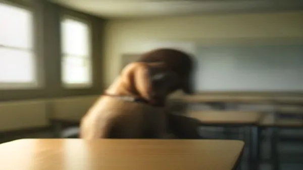 Aluno com deficiência visual entrando na escola acompanhado de cão-guia