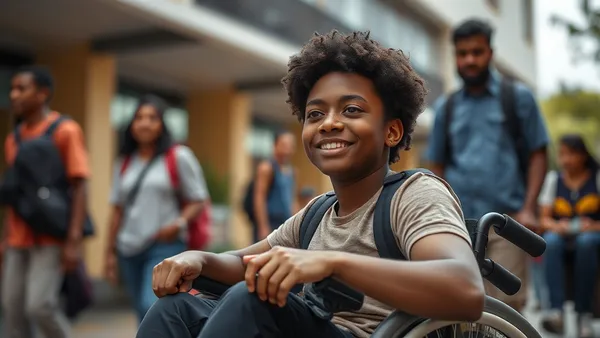 Estudante com deficiência visual em biblioteca universitária com bengala e notebook