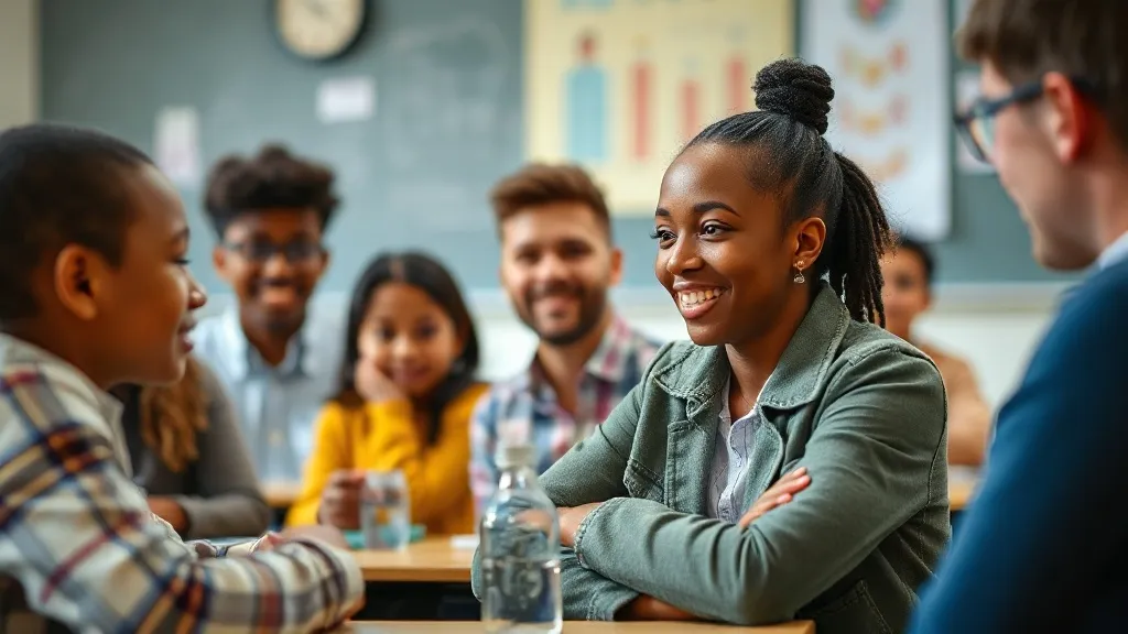 Profissional apoiando estudante em sala de aula inclusiva