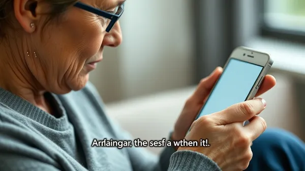 Pessoa surda usando smartphone com legendas automáticas em tempo real na tela