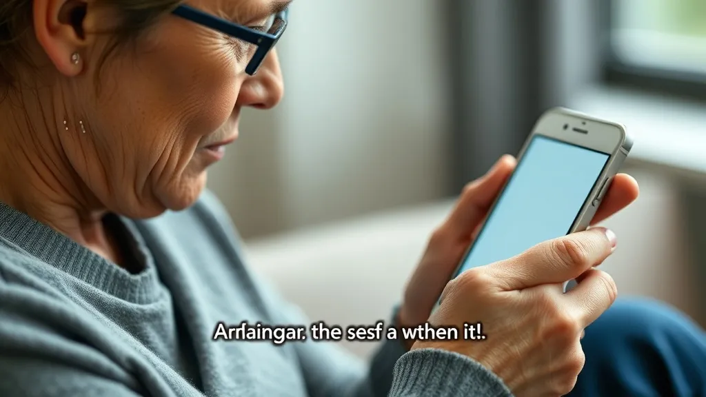 Pessoa surda usando smartphone com legendas automáticas em tempo real na tela