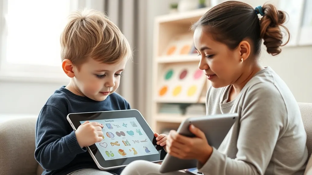 Criança usando um tablet com símbolos de comunicação ao lado de uma terapeuta