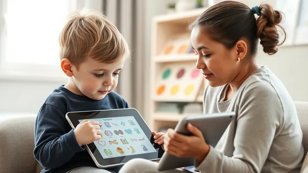 Criança usando um tablet com símbolos de comunicação ao lado de uma terapeuta