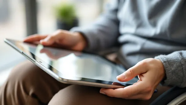 Pessoa com deficiência visual usando tablet com tecnologia assistiva de leitura de tela