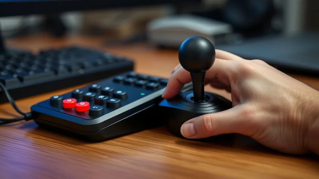 Mesa com mouse trackball e joystick adaptado como tecnologia assistiva para pessoa com deficiência motora