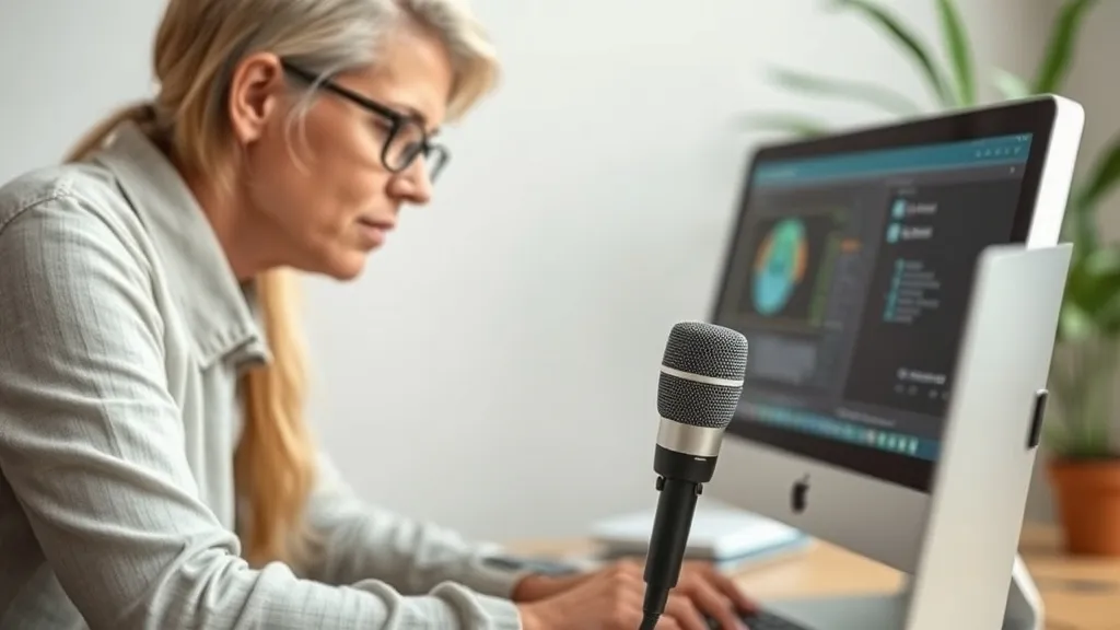 Pessoa com deficiência motora usando comando de voz para controlar computador com microfone próximo ao rosto