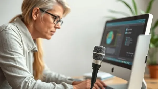 Pessoa com deficiência motora usando comando de voz para controlar computador com microfone próximo ao rosto