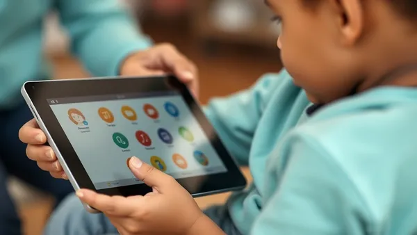 Tablet com software de CAA aberto, símbolos de comunicação alternativa na tela