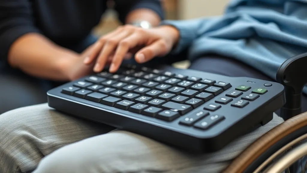 Pessoa com deficiência usando tecnologia assistiva de teclado adaptado e entrada de voz no computador