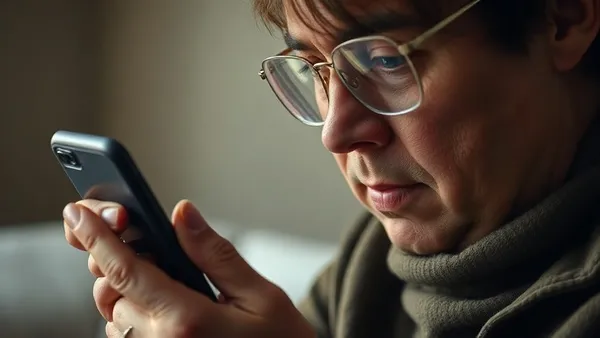 Pessoa com deficiência visual usando smartphone com aplicativo de mensagens e fones de ouvido