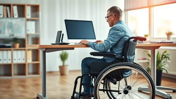 Pessoa com deficiência trabalhando em posto de trabalho acessível com cadeira de rodas e computador adaptado