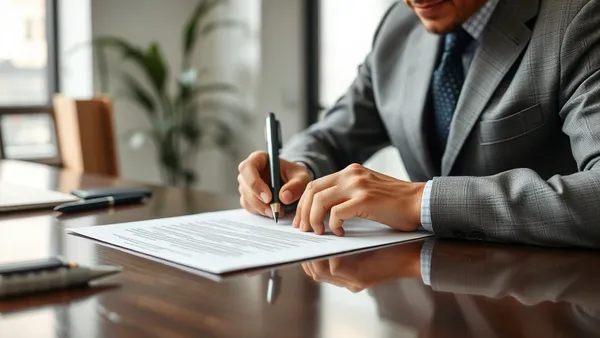 Pessoa com deficiência assinando contrato de trabalho em uma mesa de escritório