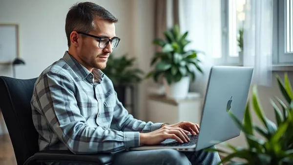 Pessoa com deficiência trabalhando em home office, notebook e ambiente doméstico adaptado