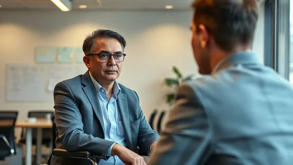 Pessoa com deficiência em entrevista de emprego em um escritório iluminado