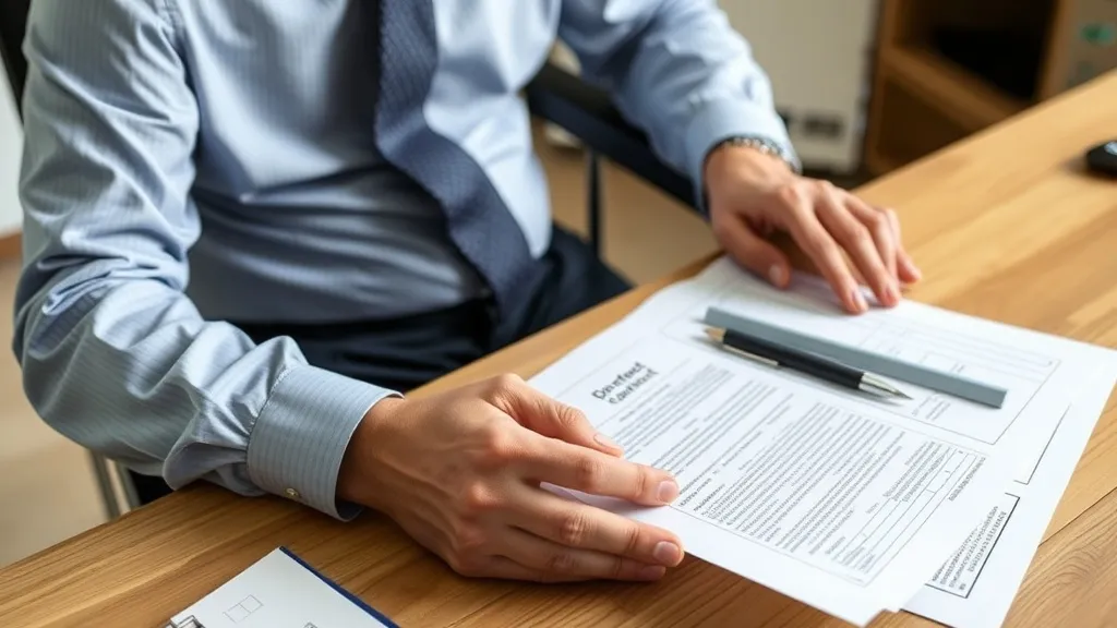 Pessoa com deficiência revisando documentos de contrato de trabalho em mesa de escritório
