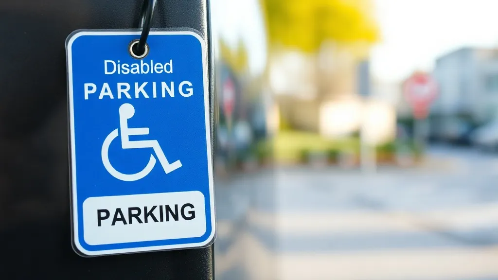 Placa azul de vaga de estacionamento reservada para pessoa com deficiência em frente a um carro com cartão visível no painel
