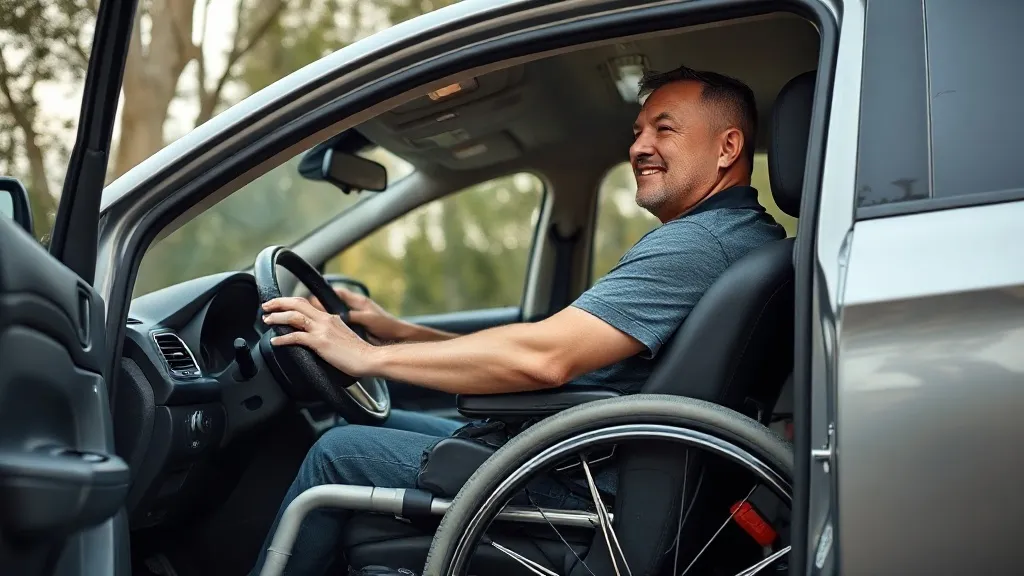 Pessoa usuária de cadeira de rodas transferindo-se para o banco do motorista de um carro adaptado