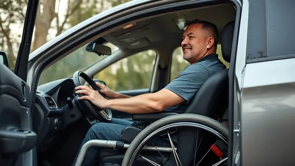 Pessoa usuária de cadeira de rodas transferindo-se para o banco do motorista de um carro adaptado