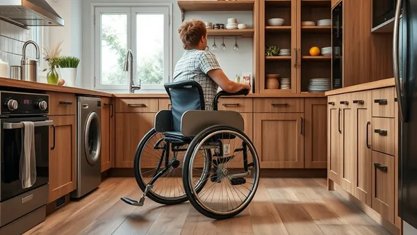Cozinha adaptada para cadeirante com bancada rebaixada e espaço livre de circulação