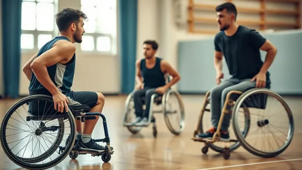 Atleta usuário de cadeira de rodas jogando basquete adaptado em uma quadra poliesportiva