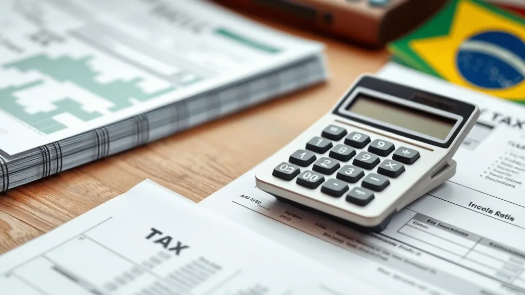 Mesa com documentos, calculadora e formulário de imposto de renda organizados para a declaração
