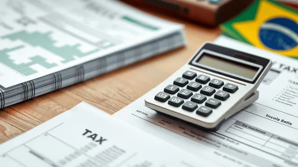Mesa com documentos, calculadora e formulário de imposto de renda organizados para a declaração