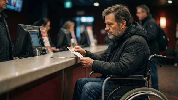 Pessoa usuária de cadeira de rodas comprando ingresso em bilheteria de cinema