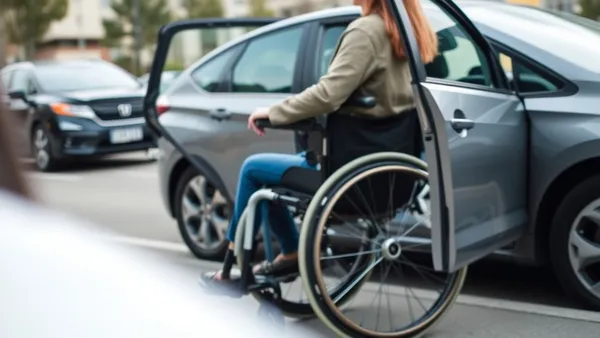 Mulher usuária de cadeira de rodas entrando no banco de trás de um carro de aplicativo, com a porta aberta, em uma rua urbana