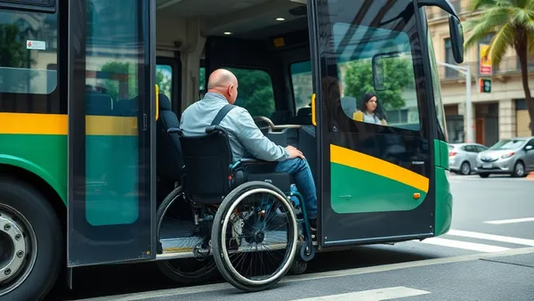 Pessoa com deficiência embarcando em ônibus acessível com rampa rebaixada em cidade brasileira