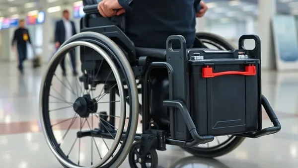 Pessoa com cadeira de rodas motorizada no aeroporto