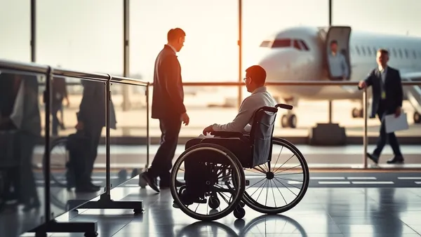 Usuária de cadeira de rodas no portão de embarque do aeroporto com equipe de assistência perto de um avião